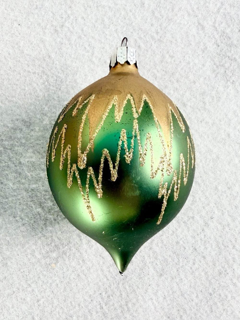 Vintage Hand Painted Glitter Glass Green Gold Teardrop Christmas Ornament